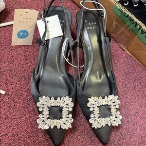 a new day Black Pointed Toe Slingback Heels with Crystal Buckle Accent